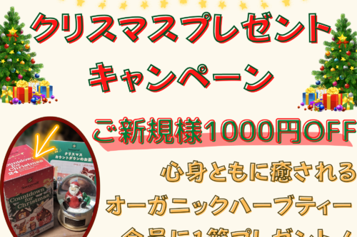 １２月はクリスマスプレゼントキャンペーン！オーガニックハーブティー１箱プレゼント