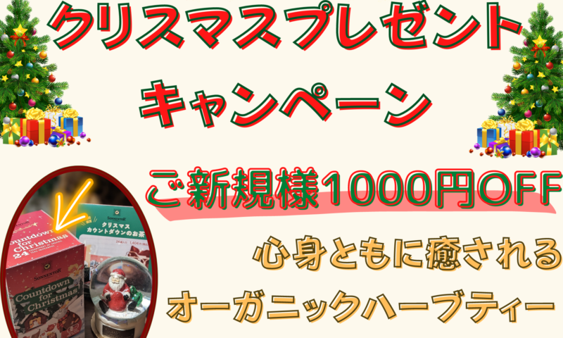 １２月はクリスマスプレゼントキャンペーン！オーガニックハーブティー１箱プレゼント